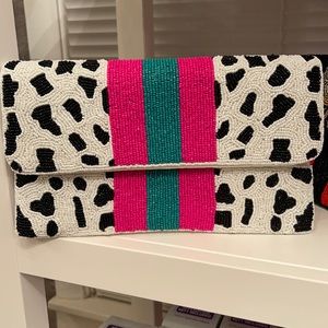 Beaded clutch with silver shoulder chain